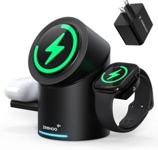 ZEEHOO 3 in 1 Charging Station for Apple Devices. Mag-Safe Charger Stand. Qi2 15W Auto-Rotating Wireless Charger for iPhone 17 16/15/14/13/12 Series& AirPods& iWatch(Black)