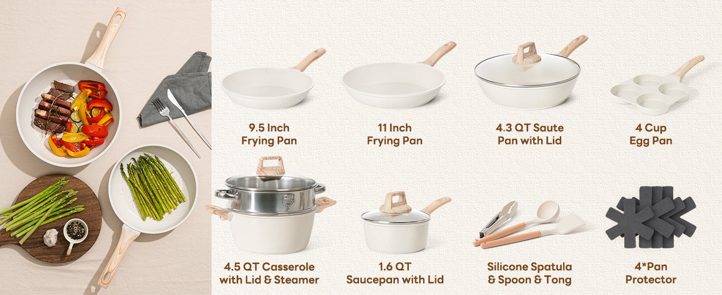 17 Pcs Pots and Pans Set Non stick .Cookware Sets White Granite Induction Cookware. Non-toxic Healthy Non Stick Kitchen Cooking Set with Frying Pans Set. Saucepans (PFAS. PFOA. PFOS Free) White