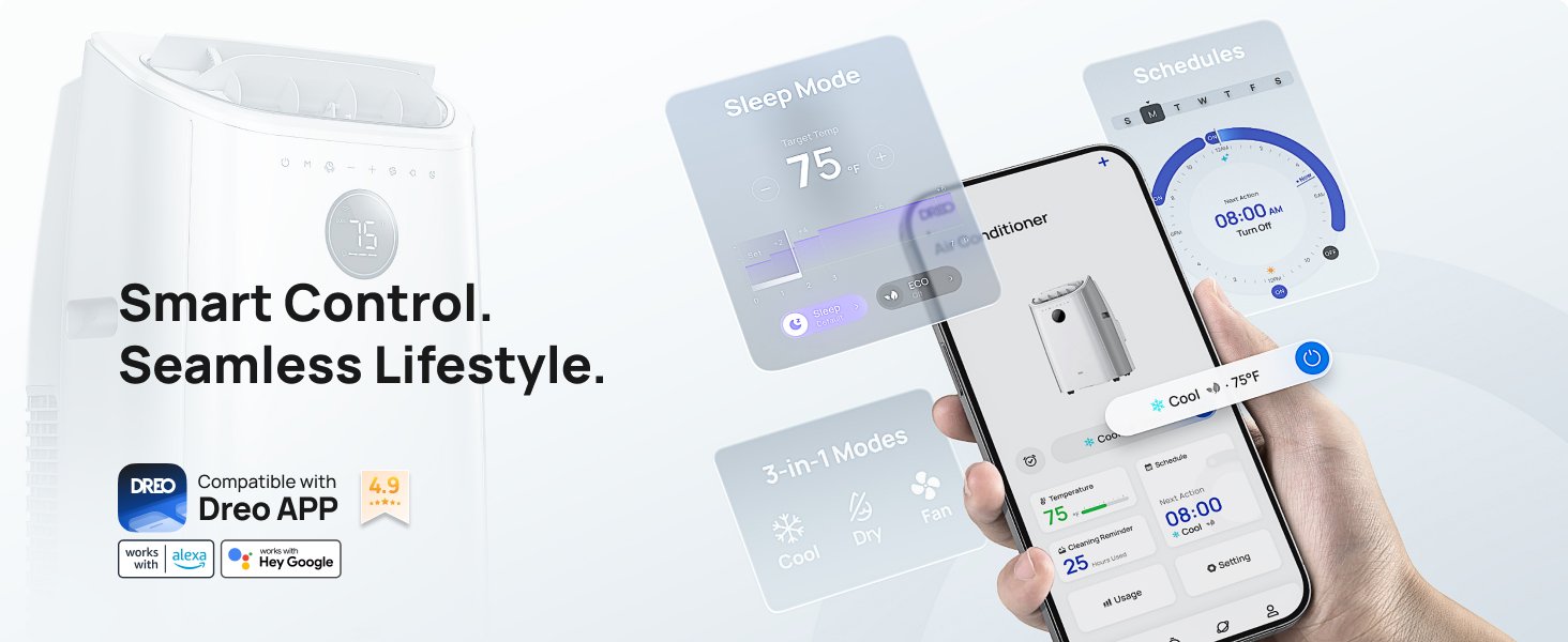 Dreo Portable Air Conditioners. 12.000 BTU AC Unit for Bedroom with Drainage-free Cooling. 46dB Quiet. APP/Voice/Remote. 24h Timer with Fan & Dehumidifier. Smart Standing AC for Room Indoors. AC515S