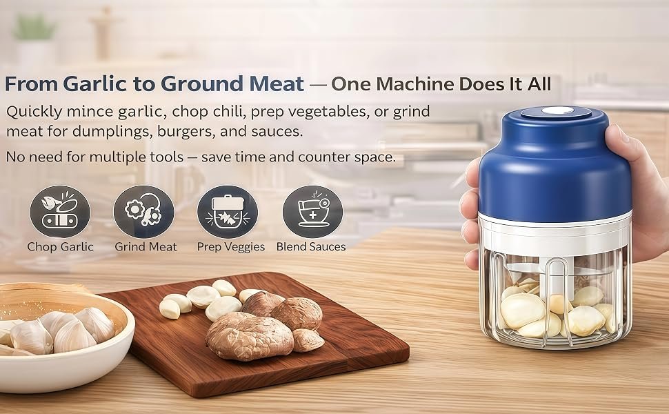 2026 Upgrade Electric Garlic Chopper Mini. 320 ml Small Garlic Chopper Mincer with 6 Stainless Steel Blades. Portable Rechargeable Cordless Chopper for Onion.Chili.Ginger.Nuts.Meat & Fruits (Blue)