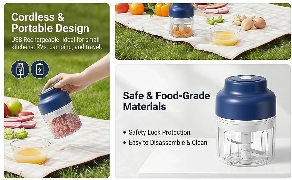 2026 Upgrade Electric Garlic Chopper Mini. 320 ml Small Garlic Chopper Mincer with 6 Stainless Steel Blades. Portable Rechargeable Cordless Chopper for Onion.Chili.Ginger.Nuts.Meat & Fruits (Blue)