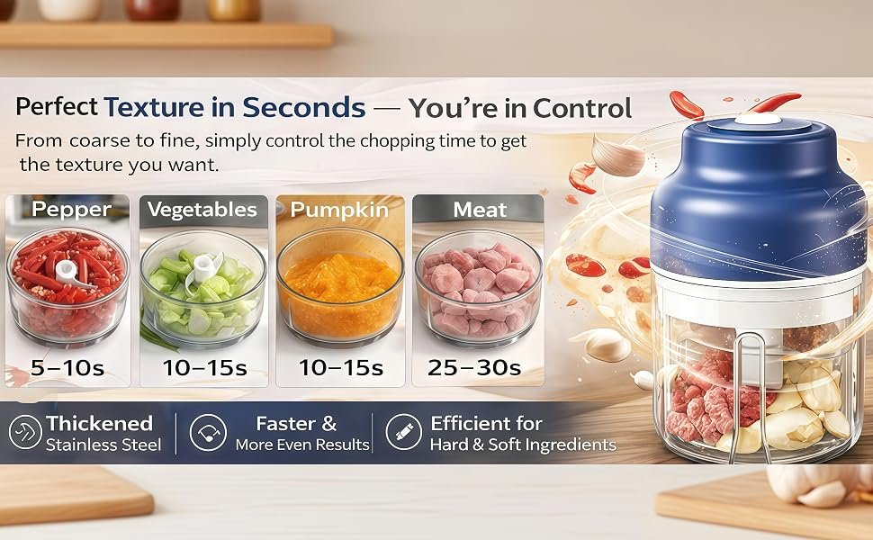 2026 Upgrade Electric Garlic Chopper Mini. 320 ml Small Garlic Chopper Mincer with 6 Stainless Steel Blades. Portable Rechargeable Cordless Chopper for Onion.Chili.Ginger.Nuts.Meat & Fruits (Blue)