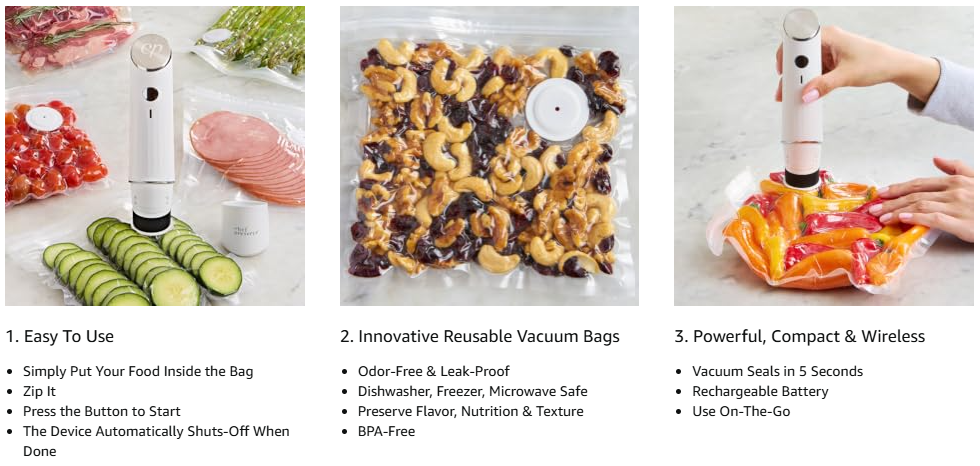 Chef Preserve Compact Vacuum Sealer for Food (Vacuum Sealer Machine + 30 Reusable Vacuum Bags) Powerful Handheld Vacuum Sealer Machine. Seal Meal Saver. Portable Food Sealer
