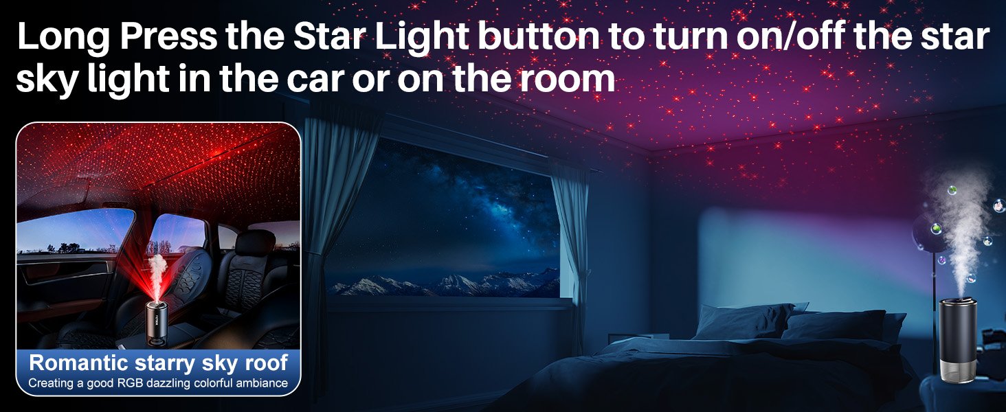 Smart Car Air Freshener Diffuser with Starry Sky Projection. 50ml/1.8OZ Perfume Car Diffuser. 6 Months Long-Lasting Fragrance. RGB Music-Sync Lights. Intelligent Auto On/Off. 3 Modes. Sauvage