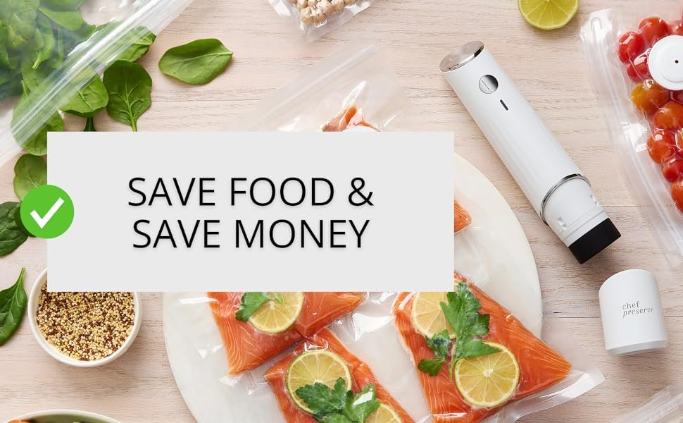 Chef Preserve Compact Vacuum Sealer for Food (Vacuum Sealer Machine + 30 Reusable Vacuum Bags) Powerful Handheld Vacuum Sealer Machine. Seal Meal Saver. Portable Food Sealer